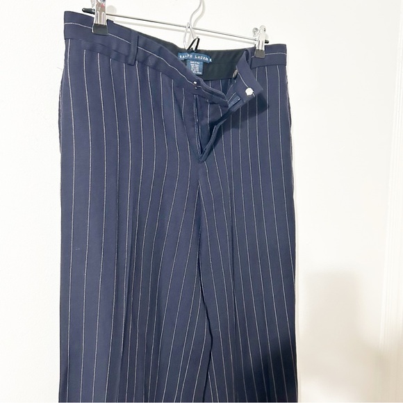 Ralph Lauren Navy and Pinstripe Wide Leg Cuffed Trousers Wool Linen Blend 💙🤍 - Picture 4 of 10